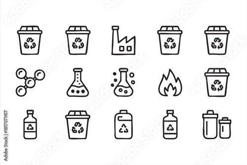 Plastic bottle and trash bin icons for environmental awareness designs