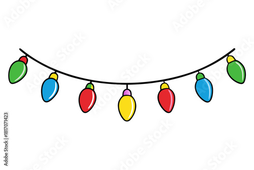 A string of colorful festive christmas lights with a gentle curve on a white background