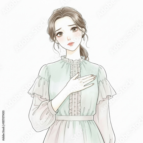 Young woman with hand on chest looking sad isolated on white background