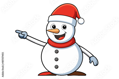 A cheerful cartoon snowman wearing a red santa hat and scarf points to the left with a friendly smile on a black background