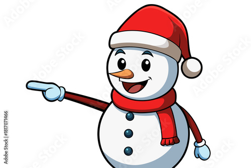 Cheerful cartoon snowman wearing a red santa hat and scarf points to the left with a happy expression