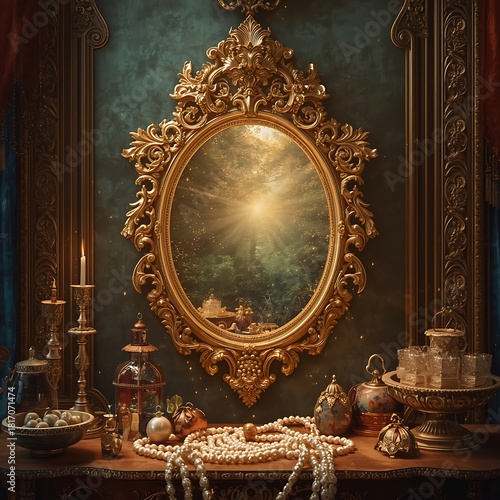 Golden enchanted mirror revealing magical forest portal beyond ordinary reality photo