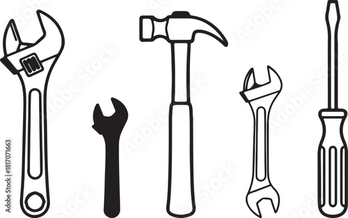 Assorted Hand Tools Including Wrenches Hammer and Screwdriver Isolated on White wrench adjustable wrench open end wrench hammer claw