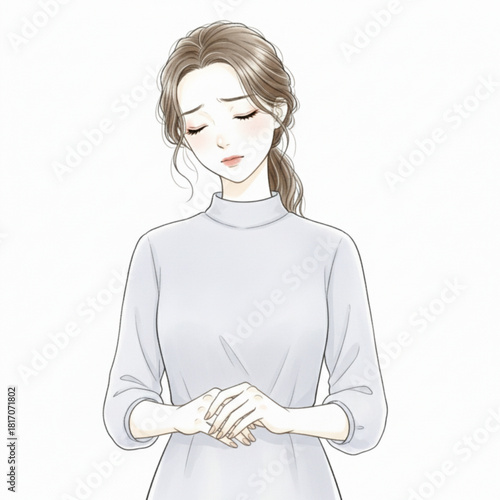 Sad young woman with bowed head and clasped hands isolated on white background
