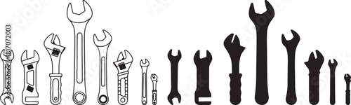 Collection of various wrenches and spanners in black and white line art and silhouette styles