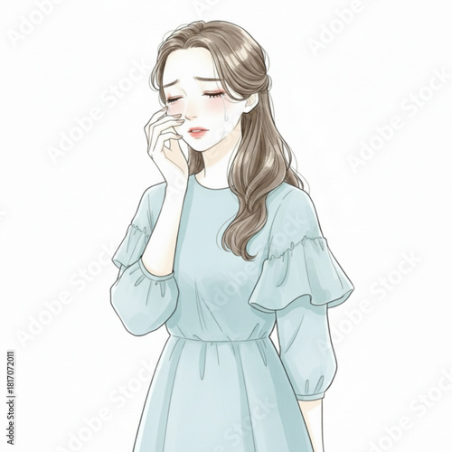 Young woman crying with tears on her face isolated on white background