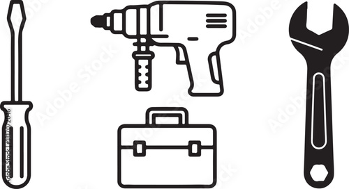 Line art icons of a screwdriver drill and wrench with a toolbox on a white background