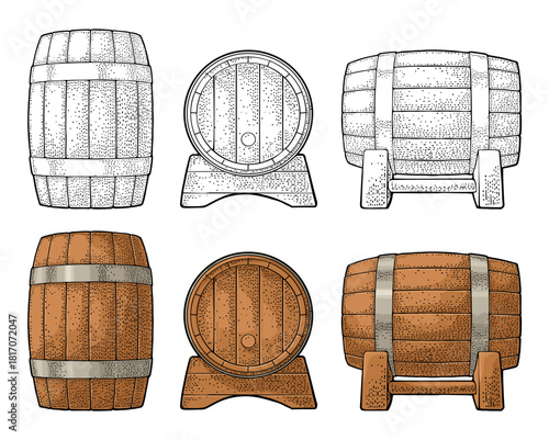 Wooden barrel front and side view. Color and black vintage engraving vector illustration. Isolated on white background