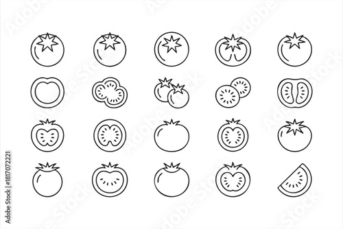 Minimal outline tomato and vegetable icon set for food design projects