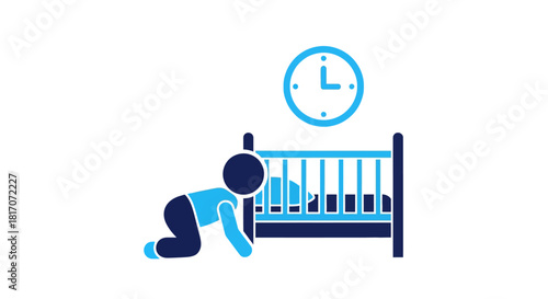 Child crawling near crib with clock symbol in minimalist blue and white design