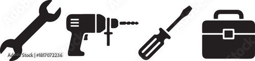 Silhouette icons of a wrench a drill a screwdriver and a toolbox on a white background