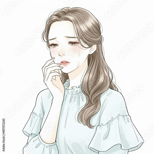 Beautiful woman crying with tears on her face isolated on white background