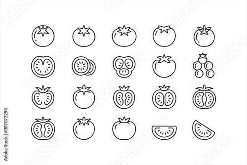 Garden tomato and culinary ingredient icon pack for healthy eating graphics