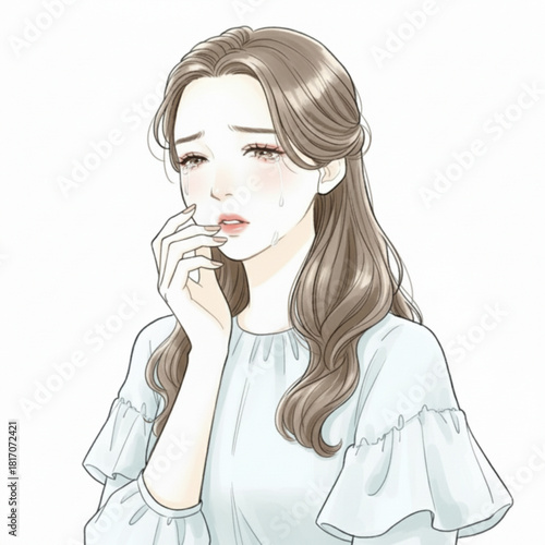 Illustration of a sad woman crying with tears and a hand on her mouth isolated on white background