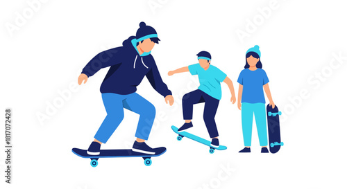 Trendy flat design of youth skateboarding together