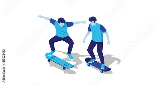 Isometric skateboarding duo practicing tricks on blue skateboards