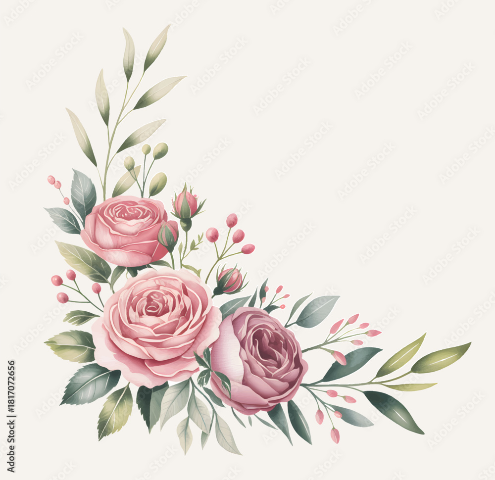 Fototapeta premium Watercolor pink rose cluster with foliage accents.