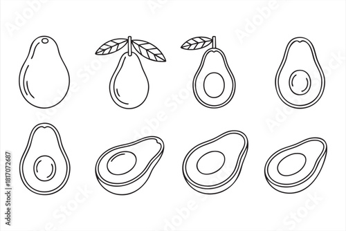 Fresh avocado vector icons with halves, slices, and whole fruit in line art