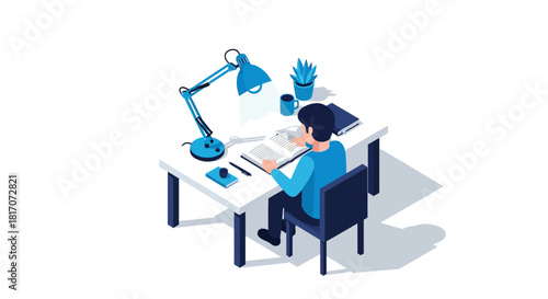 Isometric workspace: man reading at desk with lamp and plant