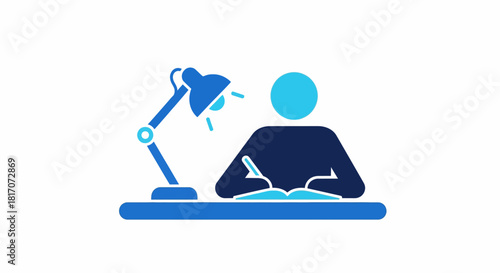Minimalist desk scene: person writing under lamp in blue tones
