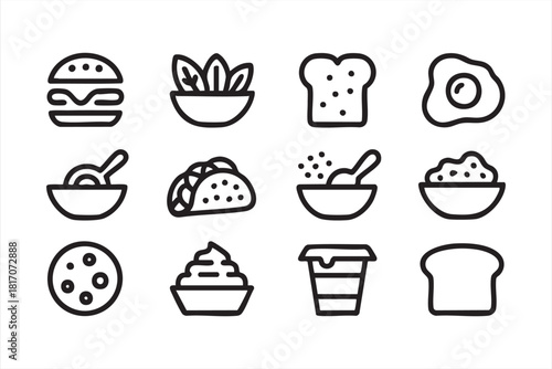 Meal and snack vector icon set in clean outline style for menus and apps