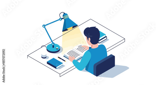 Isometric study scene with lamp and books: nighttime learning in minimalistic design
