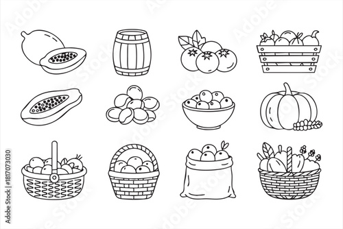 Organic produce and market basket icons for food and farm designs