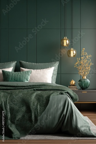 Fototapeta Naklejka Na Ścianę i Meble -  Elegant bedroom interior with green bedding and gold accents creating a luxurious atmosphere design