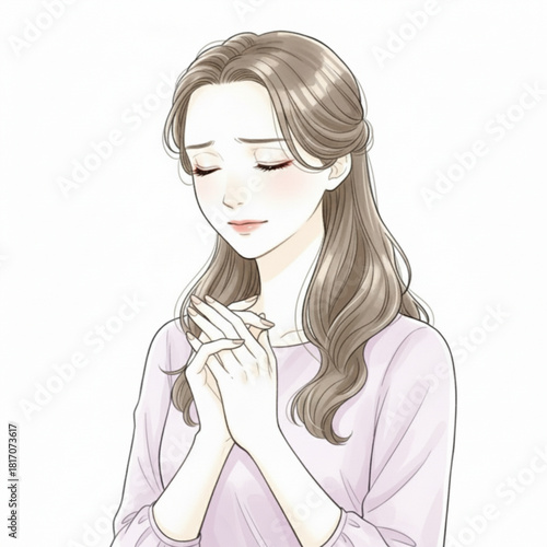 Young woman with closed eyes and clasped hands isolated on white background