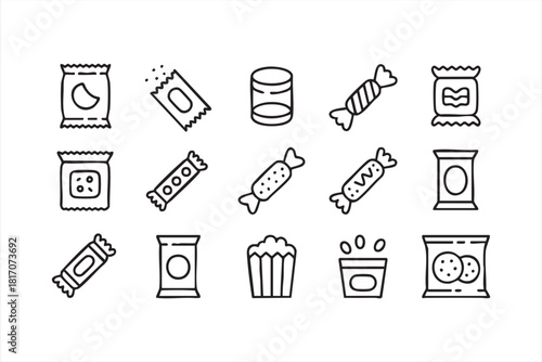 Snack packaging and candy wrapper vector icons in clean outline style