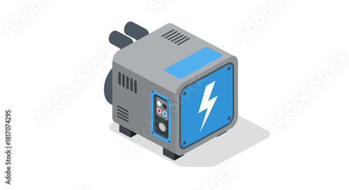 Isometric power generator icon with blue energy symbol on modern box design