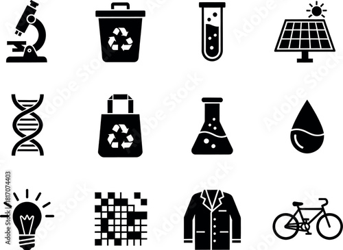 Collection of science and ecology icons, featuring microscope, trash can, test tube, solar panel, dna, bag, flask, drop, bulb, grid, coat, bike
