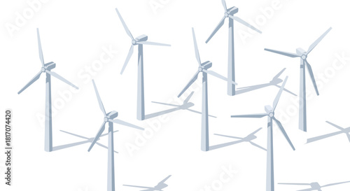 Clean energy wind turbines in minimalist isometric style with white background