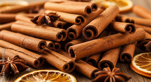 cinnamon sticks on wooden table