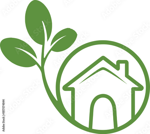 Green house logo with plant leaves, symbolizing ecofriendly living and sustainable home design for a healthy environment