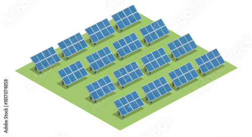 Isometric solar panel array on green field for renewable energy concepts
