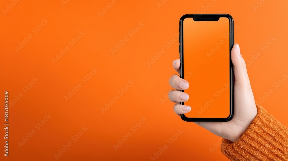 © shobakhul - Person holding modern smartphone with bright orange screen against vibrant solid background © shobakhul - Person holding modern smartphone with bright orange screen against vibrant solid background