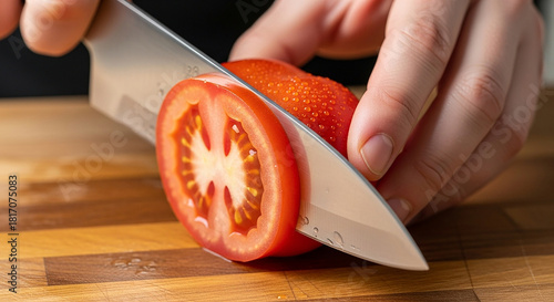slicing tomato on a chopping board