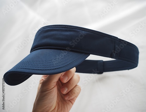 Hand holding a navy blue sports visor