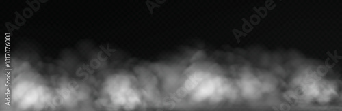 White smoke cloud with overlay effect on dark background, realistic fog drifting along the floor with atmospheric light.