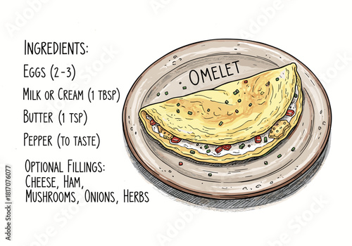 Omelet recipe illustration in color for cooking blog or food content