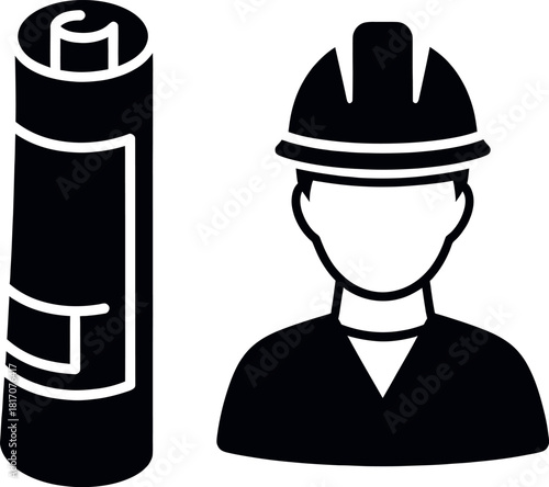 Illustration of a battery and a construction worker, depicting energy, labor, and industrial themes