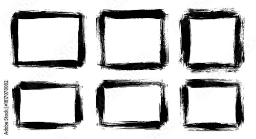 A collection of six artistic black grunge frames with distressed brushstroke textures, perfect for adding a raw, edgy border to creative design projects.