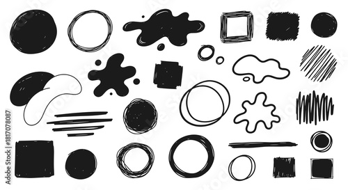 A versatile collection of hand-drawn black ink scribbles, organic splashes, and textured geometric shapes, perfect for adding an artistic grunge aesthetic.