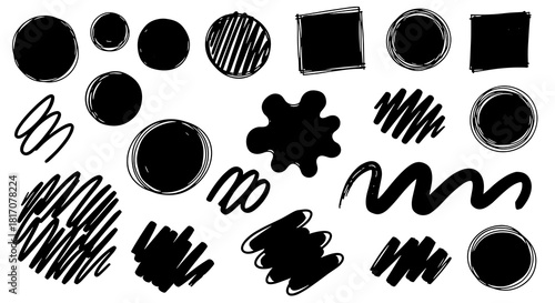 A versatile collection of hand-drawn black ink shapes, including circles, squares, and organic splatters, perfect for graphic design elements and artistic overlays.
