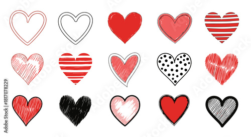This charming collection of artistic heart illustrations, showcasing various styles in red, pink, and black, beautifully conveys love and romantic sentiment.