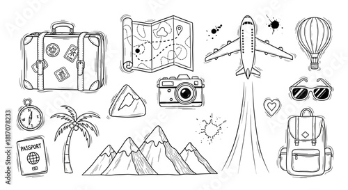 A delightful hand-drawn collection of essential travel and adventure icons, featuring luggage, maps, and airplanes, ideal for global journeys and vacation concepts.