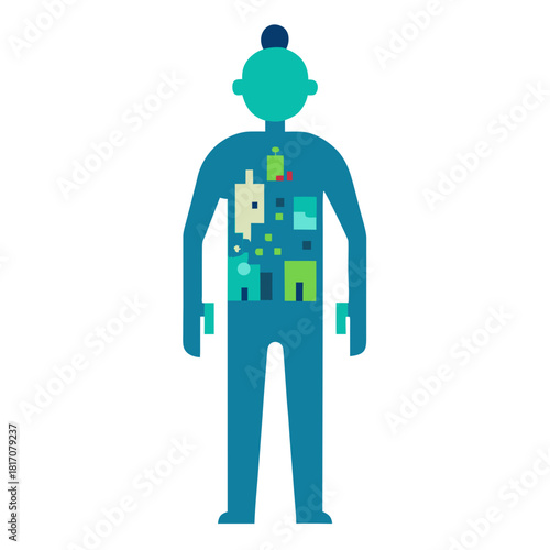 Abstract human figure silhouette with geometric internal components isolated on white background