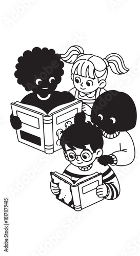 Group of Diverse Children Reading Books Together in a Playful Illustration.