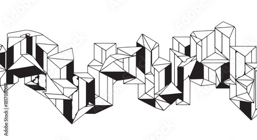 Monochrome geometric chain pattern with angular shapes and shadows in abstract design.